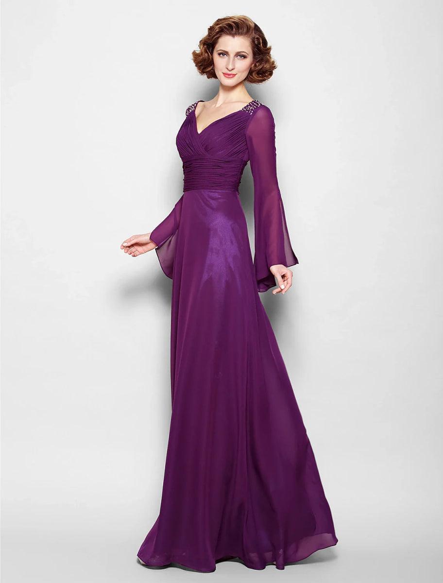 NumberSea-A-Line Mother of the Bride Dress Vintage Inspired V Neck Floor Length Chiffon Long Sleeve No with Criss Cross Ruched Beading