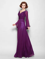 NumberSea - A - Line Mother of the Bride Dress Vintage Inspired V Neck Floor Length Chiffon Long Sleeve No with Criss Cross Ruched Beading
