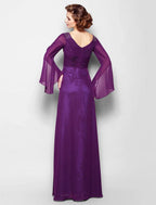 NumberSea - A - Line Mother of the Bride Dress Vintage Inspired V Neck Floor Length Chiffon Long Sleeve No with Criss Cross Ruched Beading