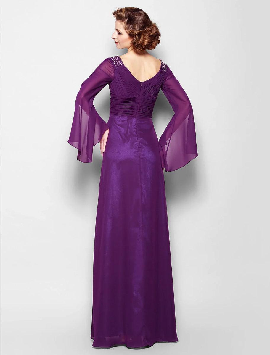 NumberSea - A - Line Mother of the Bride Dress Vintage Inspired V Neck Floor Length Chiffon Long Sleeve No with Criss Cross Ruched Beading