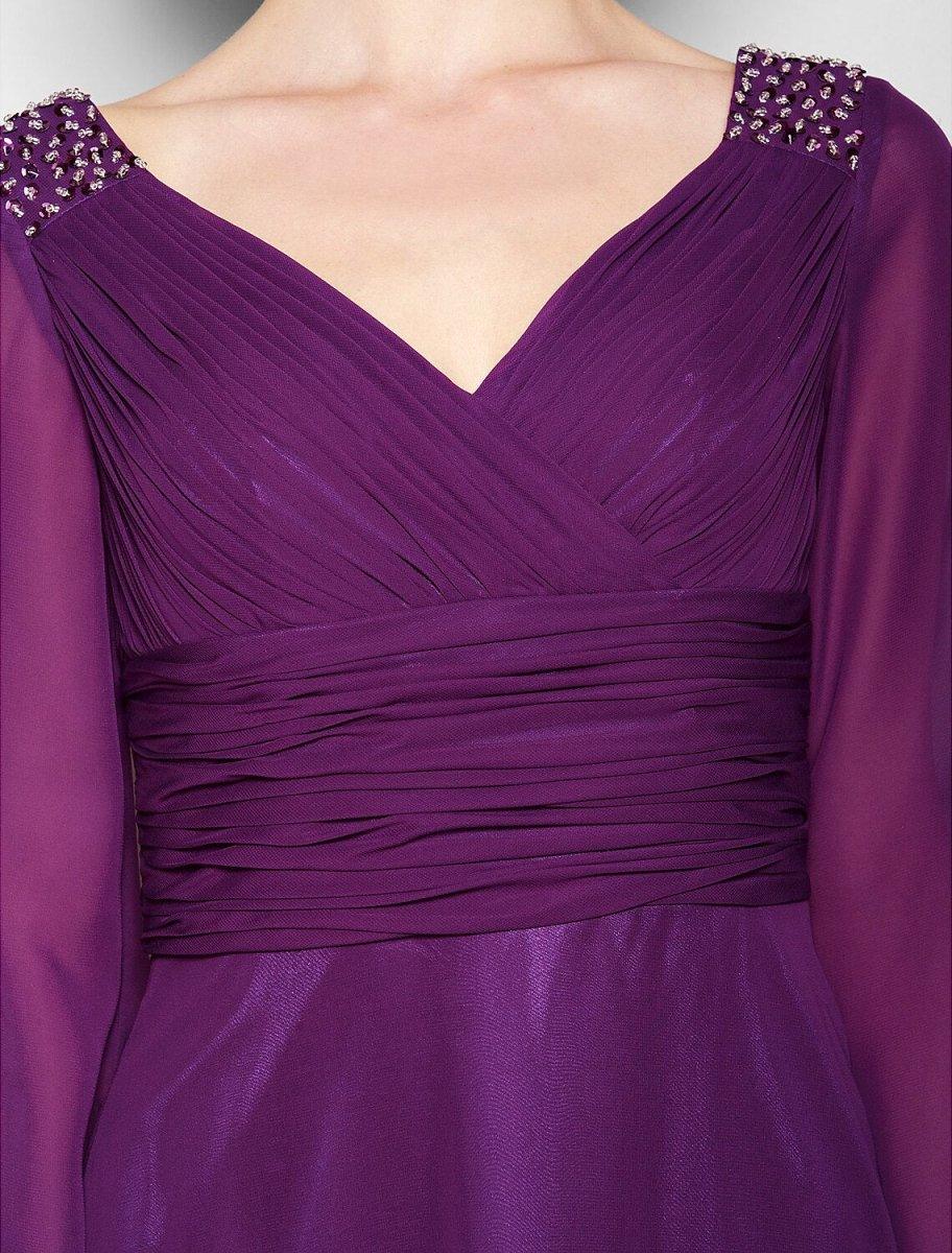 NumberSea - A - Line Mother of the Bride Dress Vintage Inspired V Neck Floor Length Chiffon Long Sleeve No with Criss Cross Ruched Beading