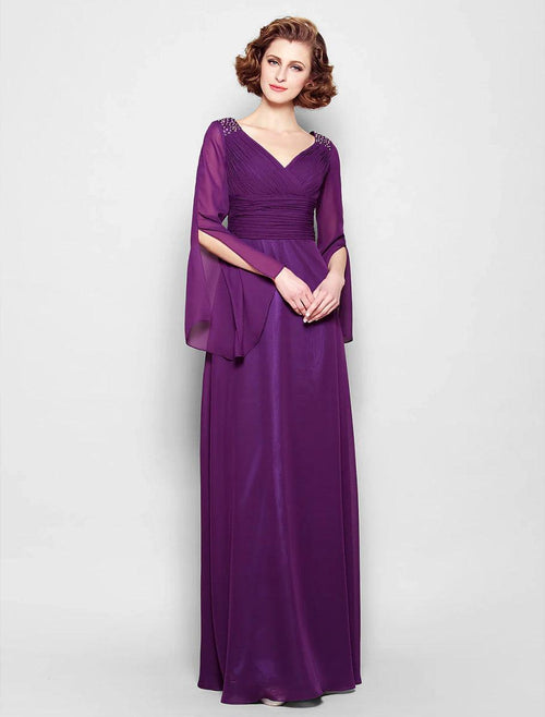 NumberSea - A - Line Mother of the Bride Dress Vintage Inspired V Neck Floor Length Chiffon Long Sleeve No with Criss Cross Ruched Beading