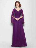 NumberSea - A - Line Mother of the Bride Dress Vintage Inspired V Neck Floor Length Chiffon Long Sleeve No with Criss Cross Ruched Beading