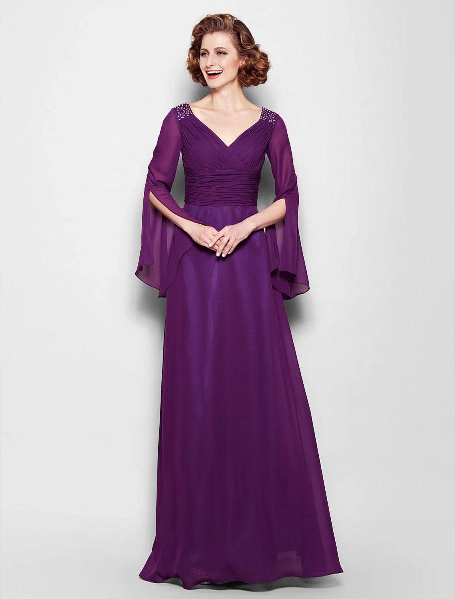 NumberSea - A - Line Mother of the Bride Dress Vintage Inspired V Neck Floor Length Chiffon Long Sleeve No with Criss Cross Ruched Beading