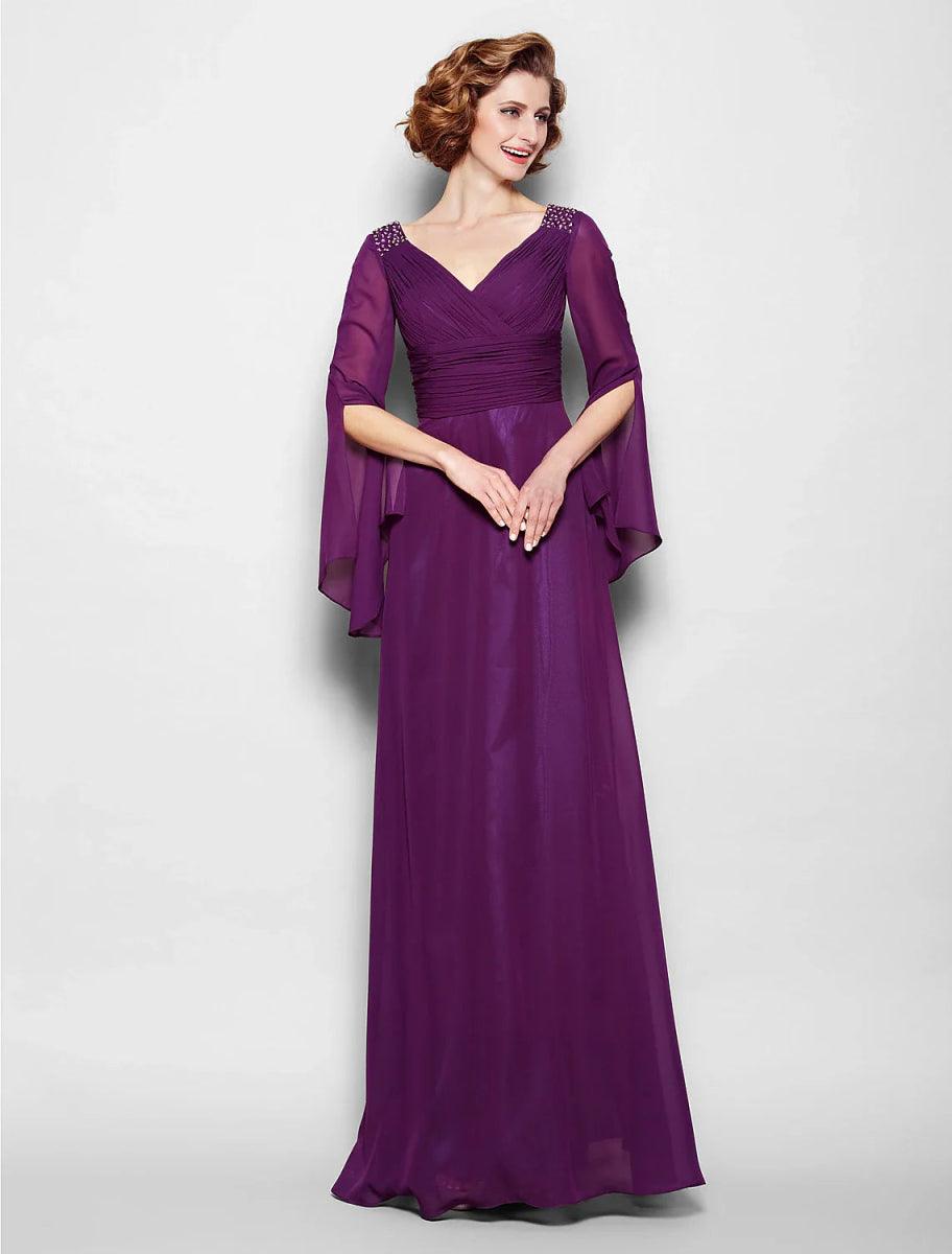 NumberSea - A - Line Mother of the Bride Dress Vintage Inspired V Neck Floor Length Chiffon Long Sleeve No with Criss Cross Ruched Beading