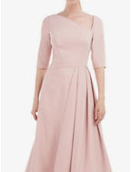 NumberSea - A - Line Mother of the Bride Dress Wedding Guest Church Elegant Petite Sweet Bateau Neck Tea Length Stretch Chiffon Half Sleeve with Pleats Fall