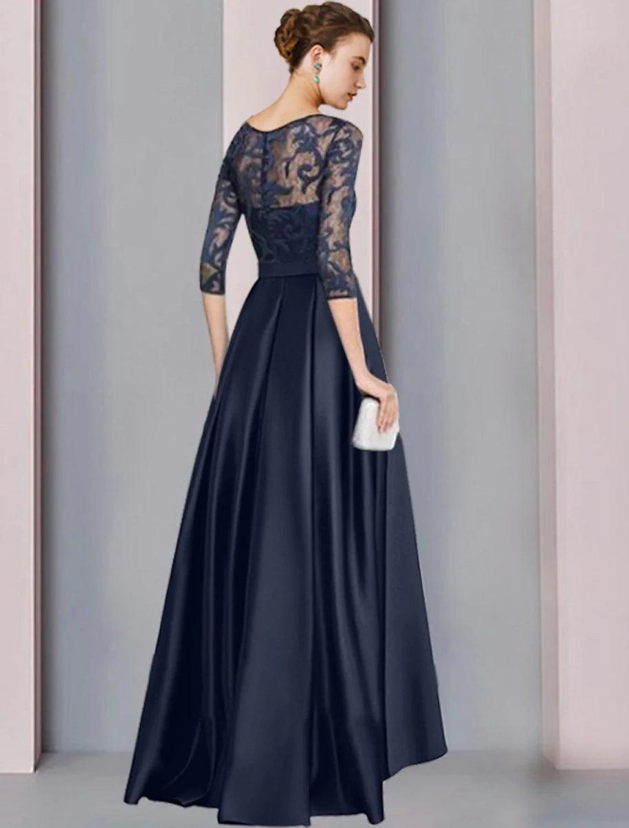 NumberSea - A - Line Mother of the Bride Dress Wedding Guest Elegant High Low Scoop Neck Asymmetrical Floor Length Satin Lace Half Sleeve with Bow(s) Pleats Appliques