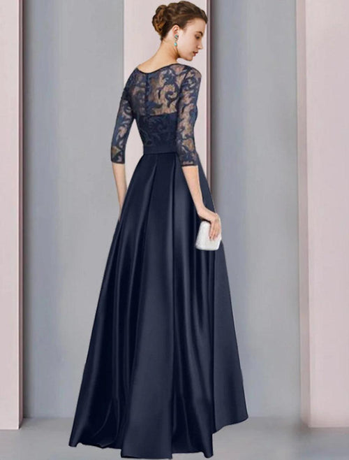 NumberSea - A - Line Mother of the Bride Dress Wedding Guest Elegant High Low Scoop Neck Asymmetrical Floor Length Satin Lace Half Sleeve with Bow(s) Pleats Appliques