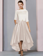 NumberSea - A - Line Mother of the Bride Dress Wedding Guest Elegant High Low Scoop Neck Asymmetrical Tea Length Satin Half Sleeve with Pleats Color Block