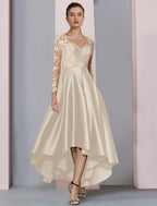 NumberSea - A - Line Mother of the Bride Dress Wedding Guest Elegant High Low Scoop Neck Asymmetrical Tea Length Satin Lace Long Sleeve with Pleats Beading Appliques