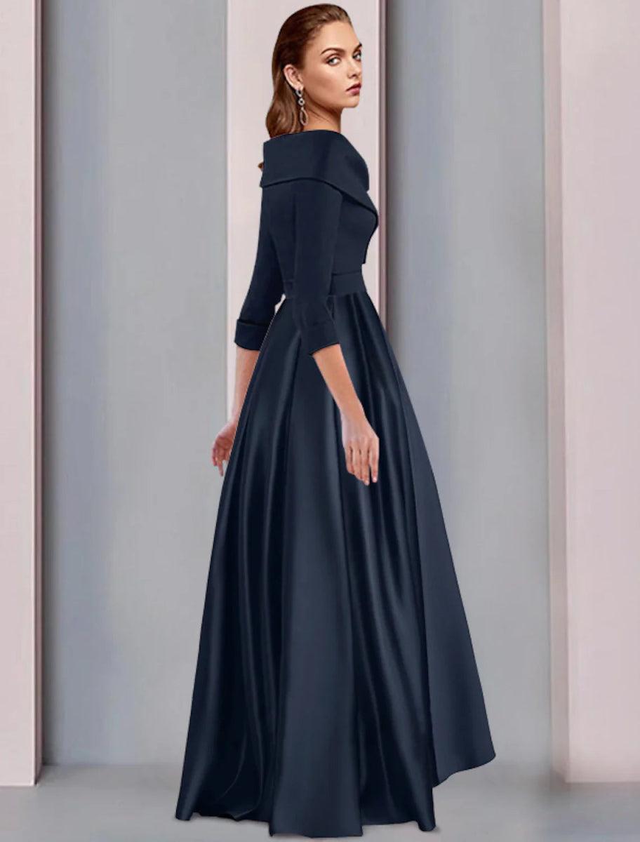 NumberSea - A - Line Mother of the Bride Dress Wedding Guest Elegant High Low Sweet Spaghetti Strap Asymmetrical Tea Length Satin 3/4 Length Sleeve with Pleats Fall