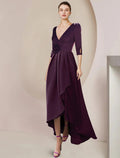 NumberSea - A - Line Mother of the Bride Dress Wedding Guest Elegant High Low V Neck Tea Length Stretch Chiffon 3/4 Length Sleeve with Appliques Flower