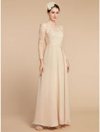 NumberSea - A - Line Mother of the Bride Dress Wedding Guest Elegant Jewel Neck Ankle Length Chiffon Lace Long Sleeve with Ruching Solid Color