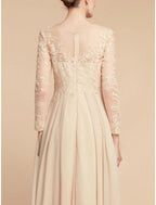 NumberSea - A - Line Mother of the Bride Dress Wedding Guest Elegant Jewel Neck Ankle Length Chiffon Lace Long Sleeve with Ruching Solid Color