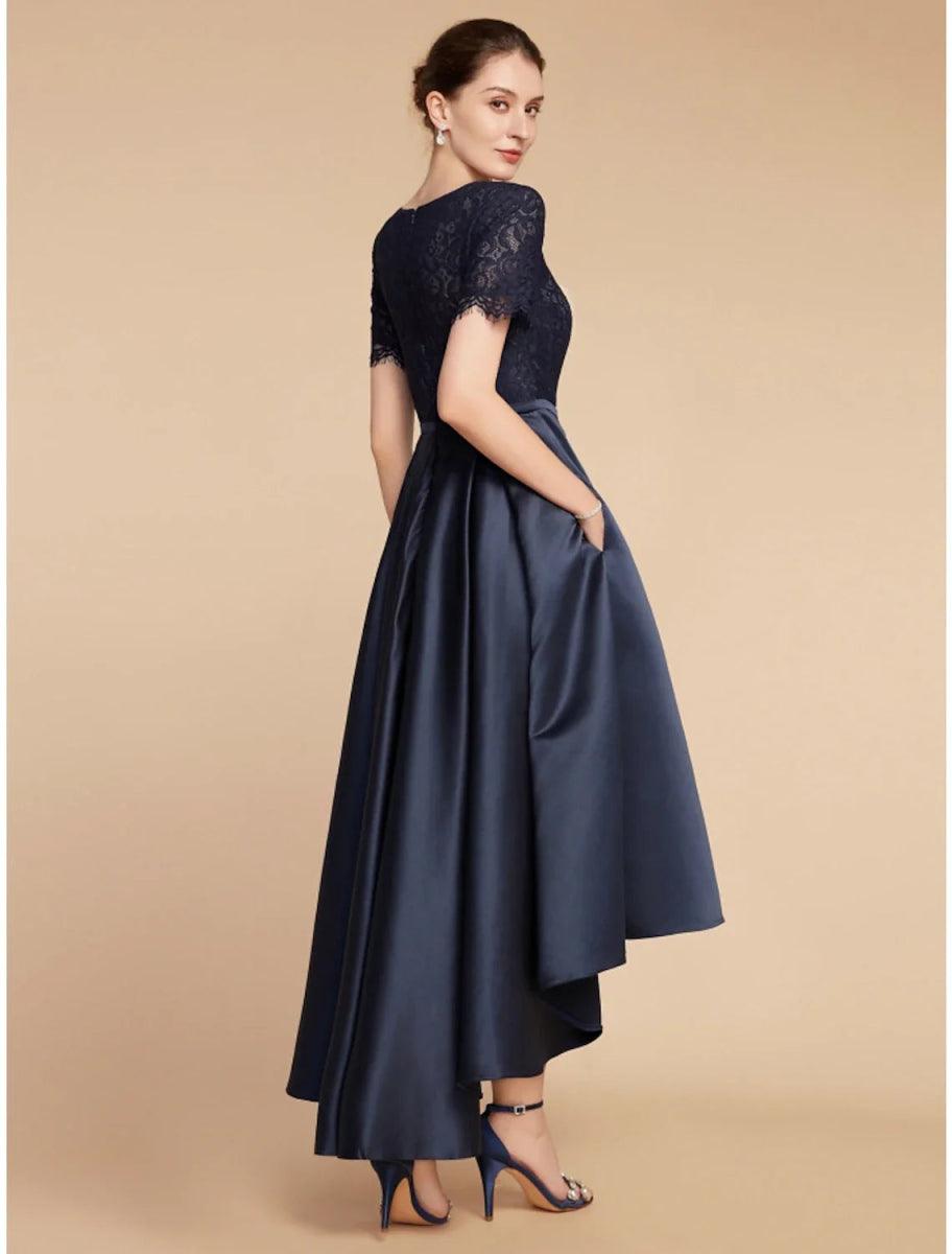 NumberSea - A - Line Mother of the Bride Dress Wedding Guest Elegant Jewel Neck Asymmetrical Satin Lace Short Sleeve with Ruching Solid Color