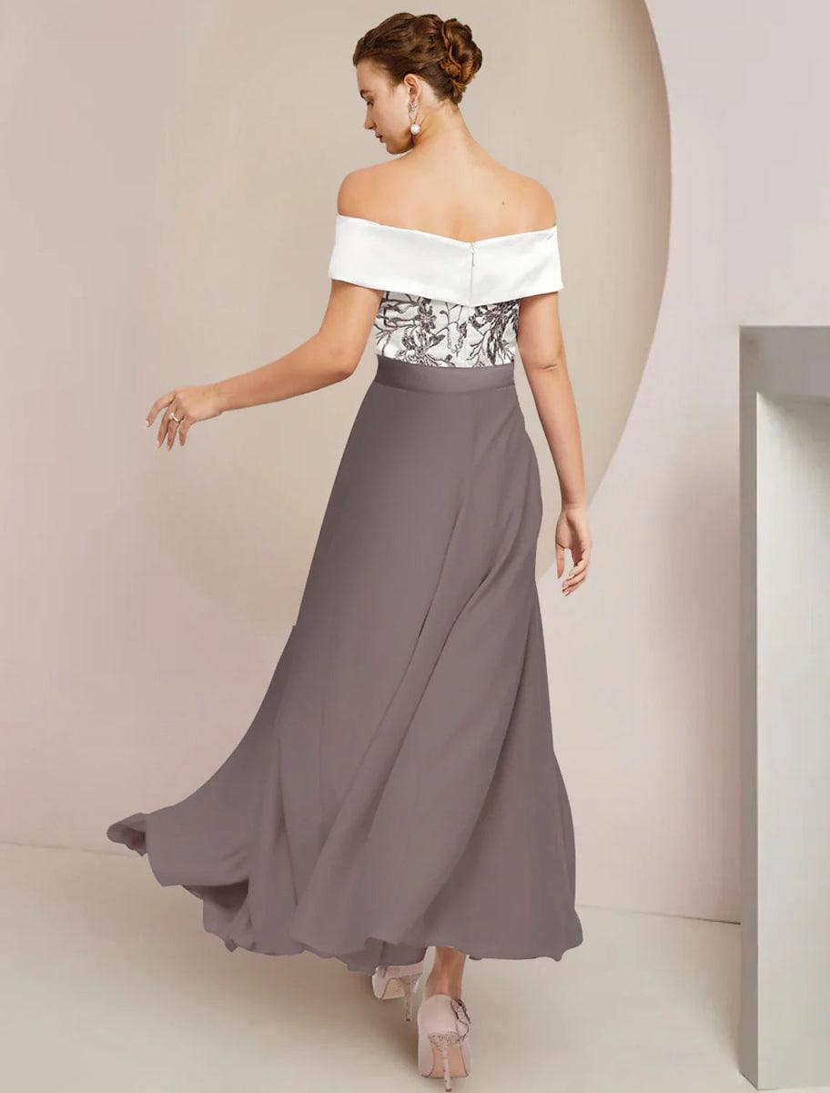 NumberSea - A - Line Mother of the Bride Dress Wedding Guest Elegant Off Shoulder Ankle Length Stretch Fabric Short Sleeve with Appliques Ruching