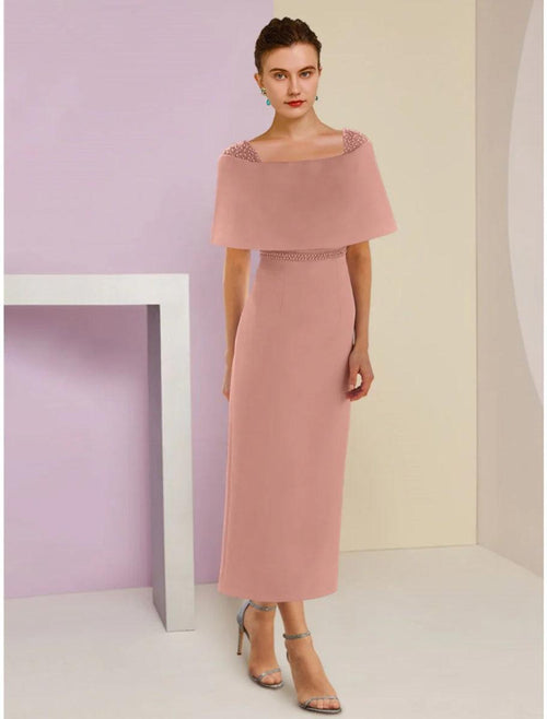 NumberSea - A - Line Mother of the Bride Dress Wedding Guest Elegant Off Shoulder Ankle Length Stretch Fabric Short Sleeve with Beading Solid Color