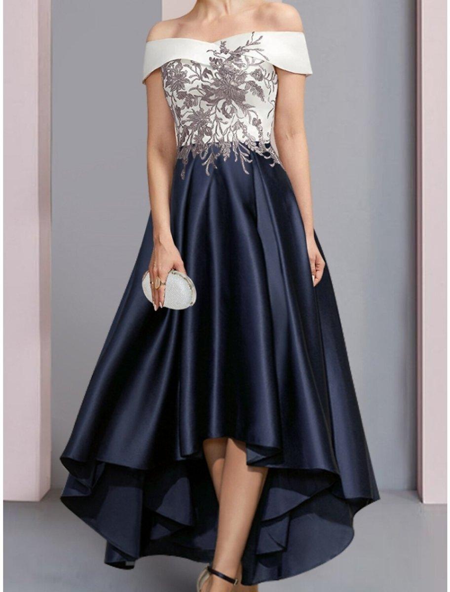 ankle length dress for wedding guest NumberSea-A-Line Mother of the Bride Dress Wedding Guest Elegant Off  Shoulder Asymmetrical Ankle Length Satin Lace Short Sleeve with Ruching
