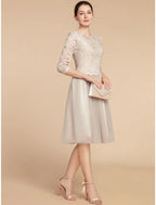 NumberSea - A - Line Mother of the Bride Dress Wedding Guest Elegant Petite Jewel Neck Knee Length Chiffon Lace 3/4 Length Sleeve with Pleats Sequin