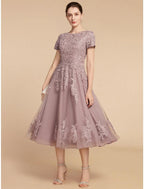 NumberSea - A - Line Mother of the Bride Dress Wedding Guest Elegant Petite Jewel Neck Tea Length Lace Tulle Short Sleeve with Ruching Flower