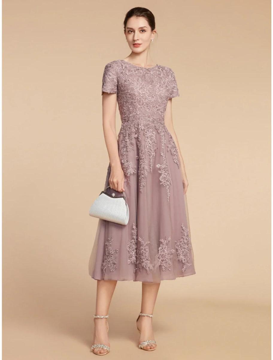 NumberSea-A-Line Mother of the Bride Dress Wedding Guest Elegant Petite Jewel Neck Tea Length Lace Tulle Short Sleeve with Ruching Flower NumberSea-A-Line Mother of the Bride Dress Wedding Guest Elegant Petite Jewel Neck Tea Length Lace Tulle Short Sleeve with Ruching Flower