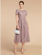 NumberSea - A - Line Mother of the Bride Dress Wedding Guest Elegant Petite Jewel Neck Tea Length Lace Tulle Short Sleeve with Ruching Flower