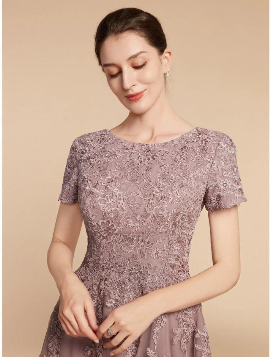 NumberSea-A-Line Mother of the Bride Dress Wedding Guest Elegant Petite Jewel Neck Tea Length Lace Tulle Short Sleeve with Ruching Flower