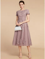 NumberSea - A - Line Mother of the Bride Dress Wedding Guest Elegant Petite Jewel Neck Tea Length Lace Tulle Short Sleeve with Ruching Flower