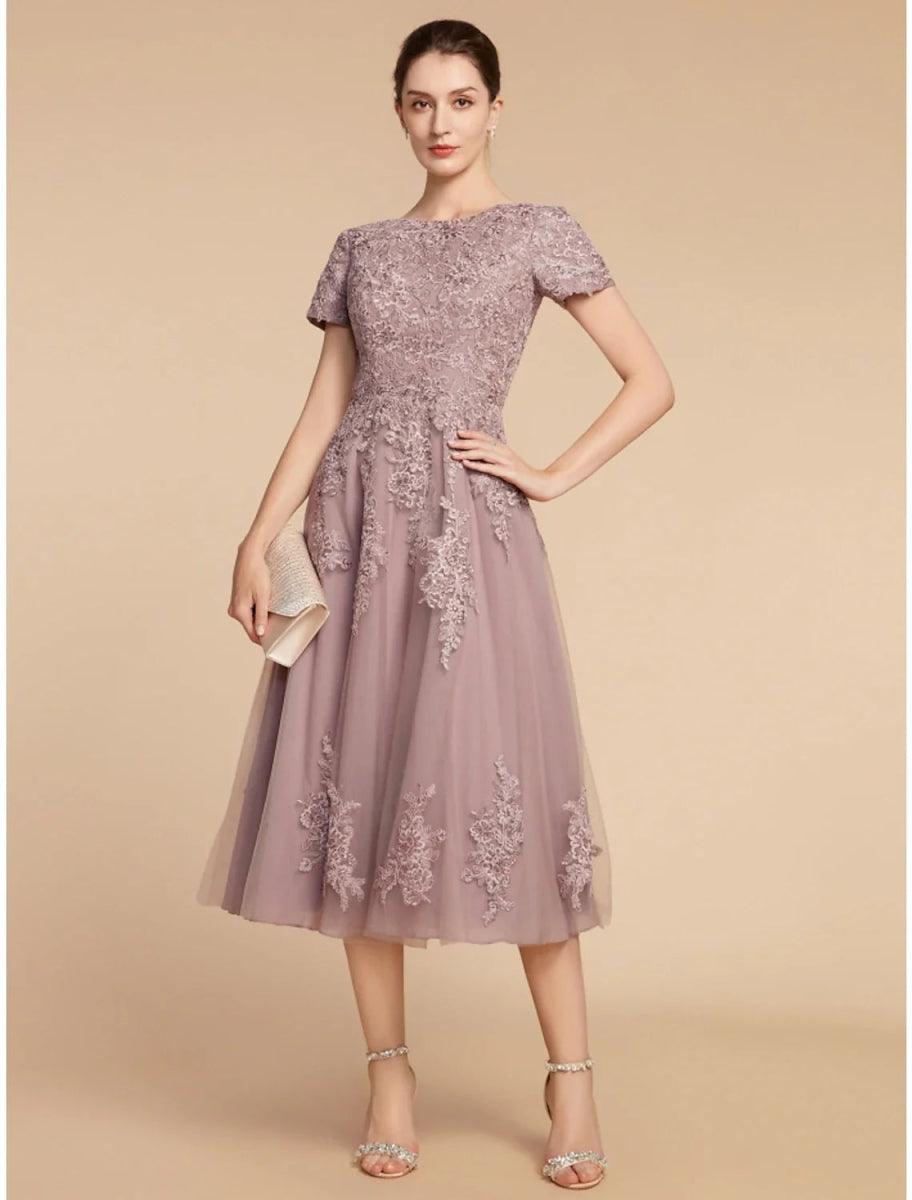 NumberSea-A-Line Mother of the Bride Dress Wedding Guest Elegant Petite Jewel Neck Tea Length Lace Tulle Short Sleeve with Ruching Flower NumberSea-A-Line Mother of the Bride Dress Wedding Guest Elegant Petite Jewel Neck Tea Length Lace Tulle Short Sleeve with Ruching Flower