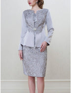 NumberSea - A - Line Mother of the Bride Dress Wedding Guest Elegant Petite Scoop Neck Knee Length Italy Satin Long Sleeve with Lace Split Front Crystal Brooch
