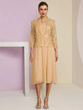 NumberSea - A - Line Mother of the Bride Dress Wedding Guest Elegant Petite Scoop Neck Tea Length Chiffon Lace 3/4 Length Sleeve with Pleats Crystal Brooch