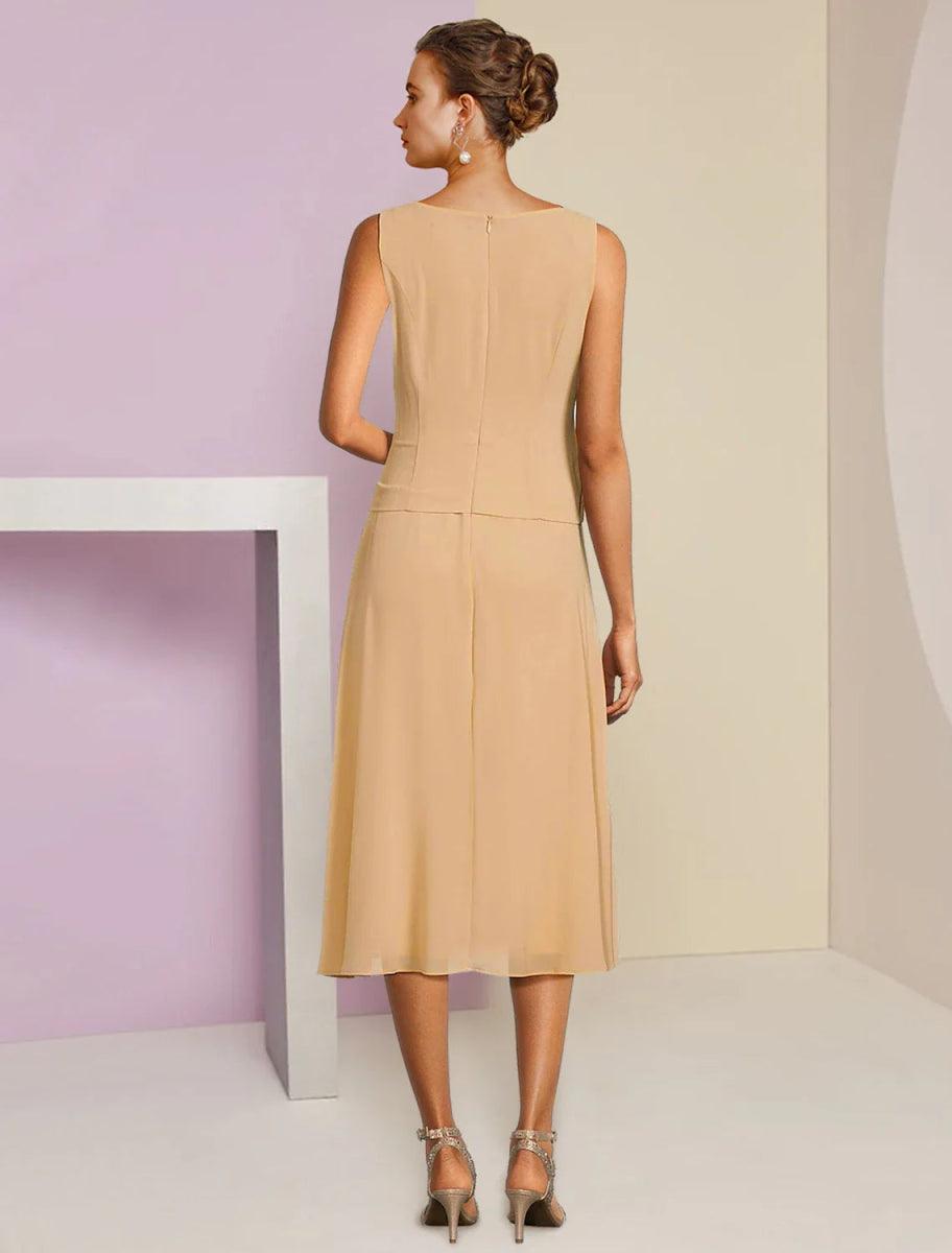 NumberSea - A - Line Mother of the Bride Dress Wedding Guest Elegant Petite Scoop Neck Tea Length Chiffon Lace 3/4 Length Sleeve with Pleats Crystal Brooch