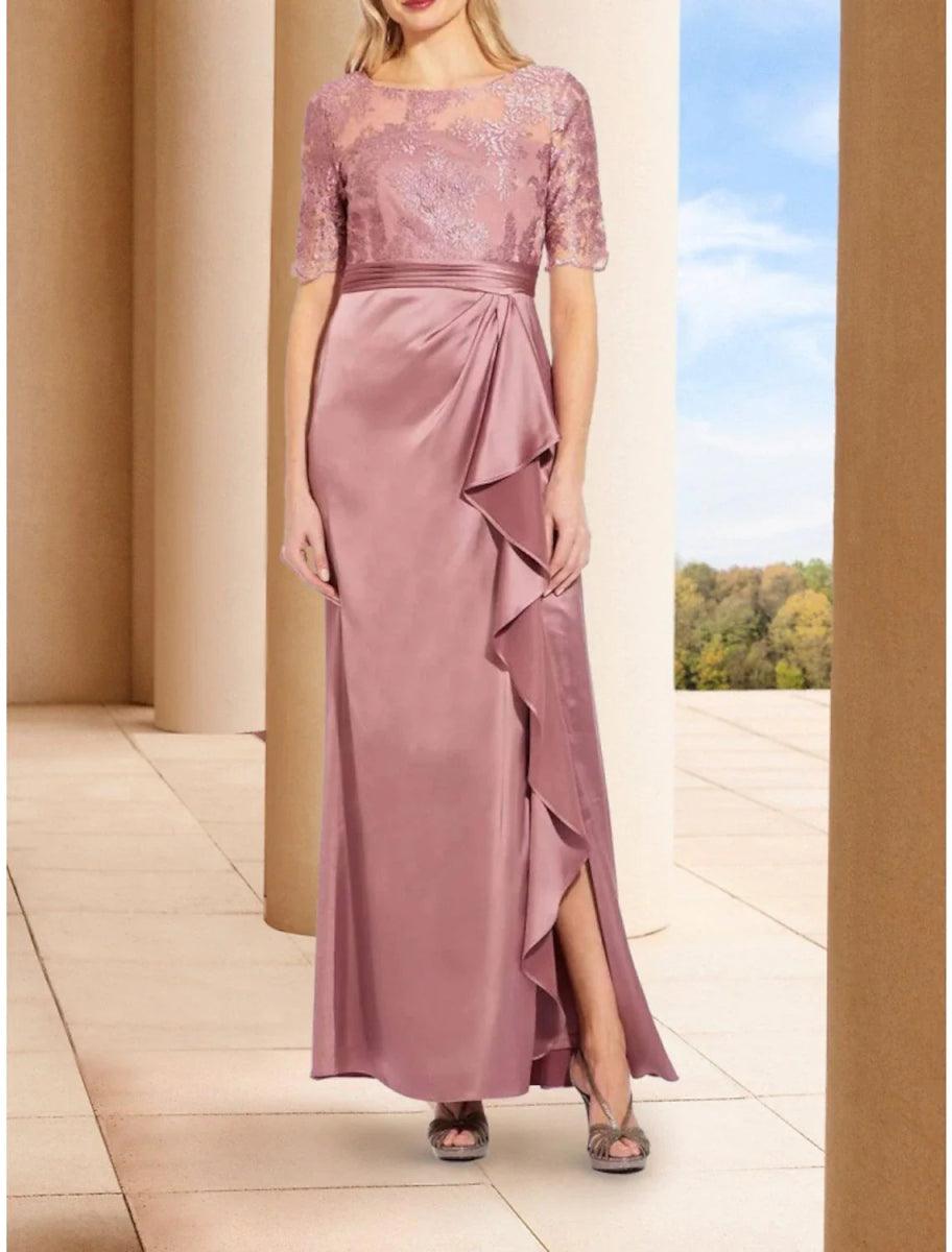 NumberSea-A-Line Mother of the Bride Dress Wedding Guest Elegant Scoop Neck Ankle Length Stretch Satin Short Sleeve with Lace Split Front Ruching NumberSea-A-Line Mother of the Bride Dress Wedding Guest Elegant Scoop Neck Ankle Length Stretch Satin Short Sleeve with Lace Split Front Ruching