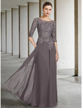 NumberSea - A - Line Mother of the Bride Dress Wedding Guest Elegant Scoop Neck Floor Length Chiffon Lace Half Sleeve with Ruching Solid Color