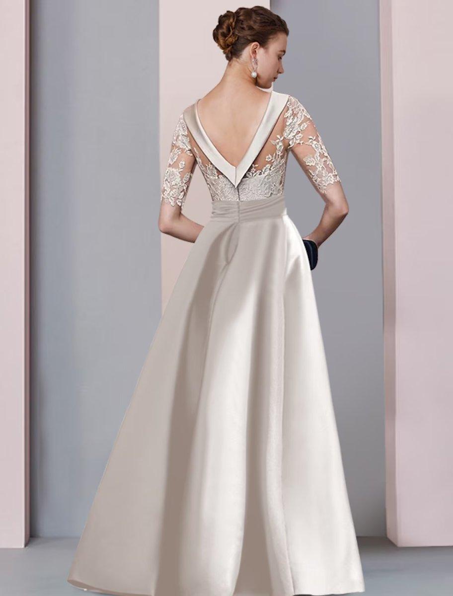NumberSea - A - Line Mother of the Bride Dress Wedding Guest Elegant Scoop Neck Floor Length Satin Lace Half Sleeve with Bow(s) Appliques Split Front