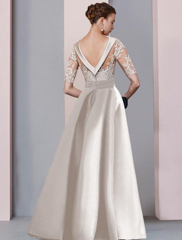 NumberSea - A - Line Mother of the Bride Dress Wedding Guest Elegant Scoop Neck Floor Length Satin Lace Half Sleeve with Bow(s) Appliques Split Front