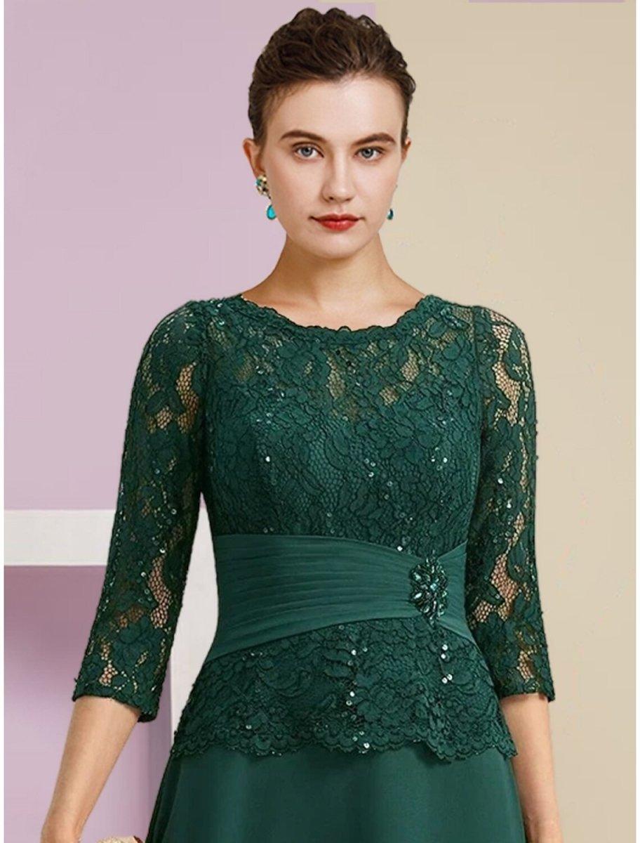 NumberSea - A - Line Mother of the Bride Dress Wedding Guest Elegant Scoop Neck Floor Length Stretch Chiffon 3/4 Length Sleeve with Lace Sequin Ruching