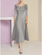NumberSea - A - Line Mother of the Bride Dress Wedding Guest Elegant Scoop Neck Tea Length Stretch Chiffon Half Sleeve with Lace Ruching Solid Color