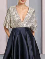 NumberSea - A - Line Mother of the Bride Dress Wedding Guest Elegant Sparkle & Shine High Low V Neck Asymmetrical Tea Length Satin Sequined Short Sleeve with Pleats