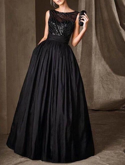 NumberSea - A - Line Mother of the Bride Dress Wedding Guest Elegant Sparkle & Shine Jewel Neck Floor Length Taffeta Sequined Sleeveless with Pleats Sequin