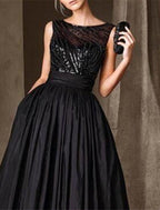 NumberSea - A - Line Mother of the Bride Dress Wedding Guest Elegant Sparkle & Shine Jewel Neck Floor Length Taffeta Sequined Sleeveless with Pleats Sequin