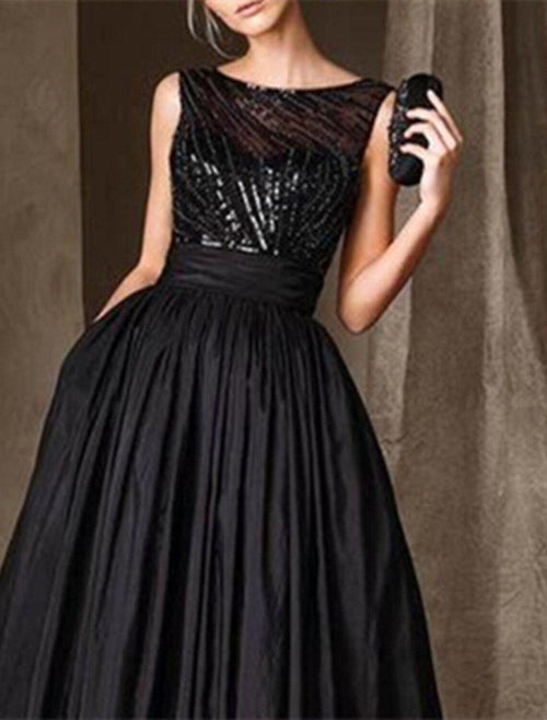 NumberSea - A - Line Mother of the Bride Dress Wedding Guest Elegant Sparkle & Shine Jewel Neck Floor Length Taffeta Sequined Sleeveless with Pleats Sequin