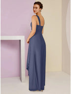 NumberSea - A - Line Mother of the Bride Dress Wedding Guest Elegant Square Neck Ankle Length Chiffon Long Sleeve with Crystal Brooch Ruching