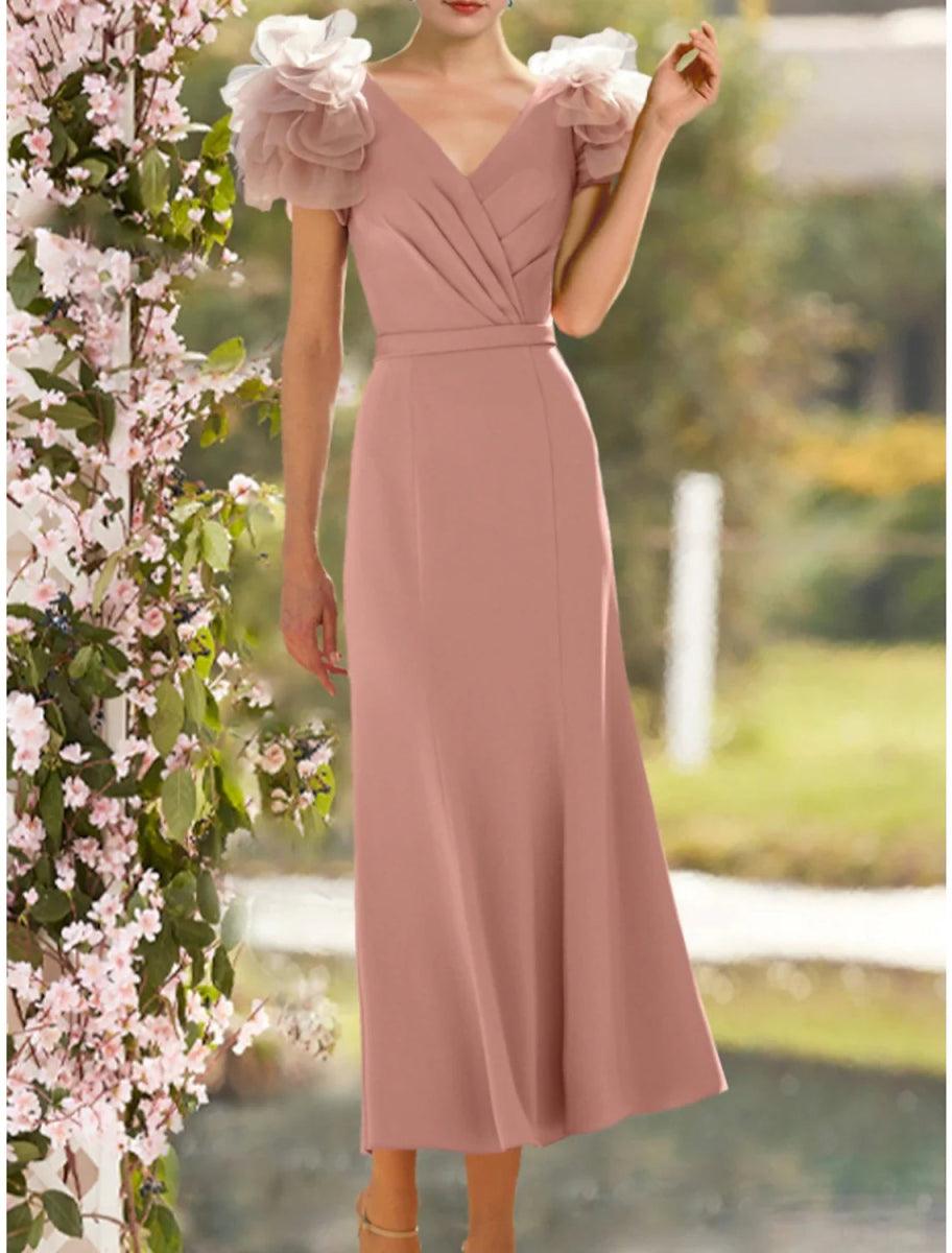 NumberSea-A-Line Mother of the Bride Dress Wedding Guest Elegant V Neck Ankle Length Satin Short Sleeve with Cascading Ruffles Ruching