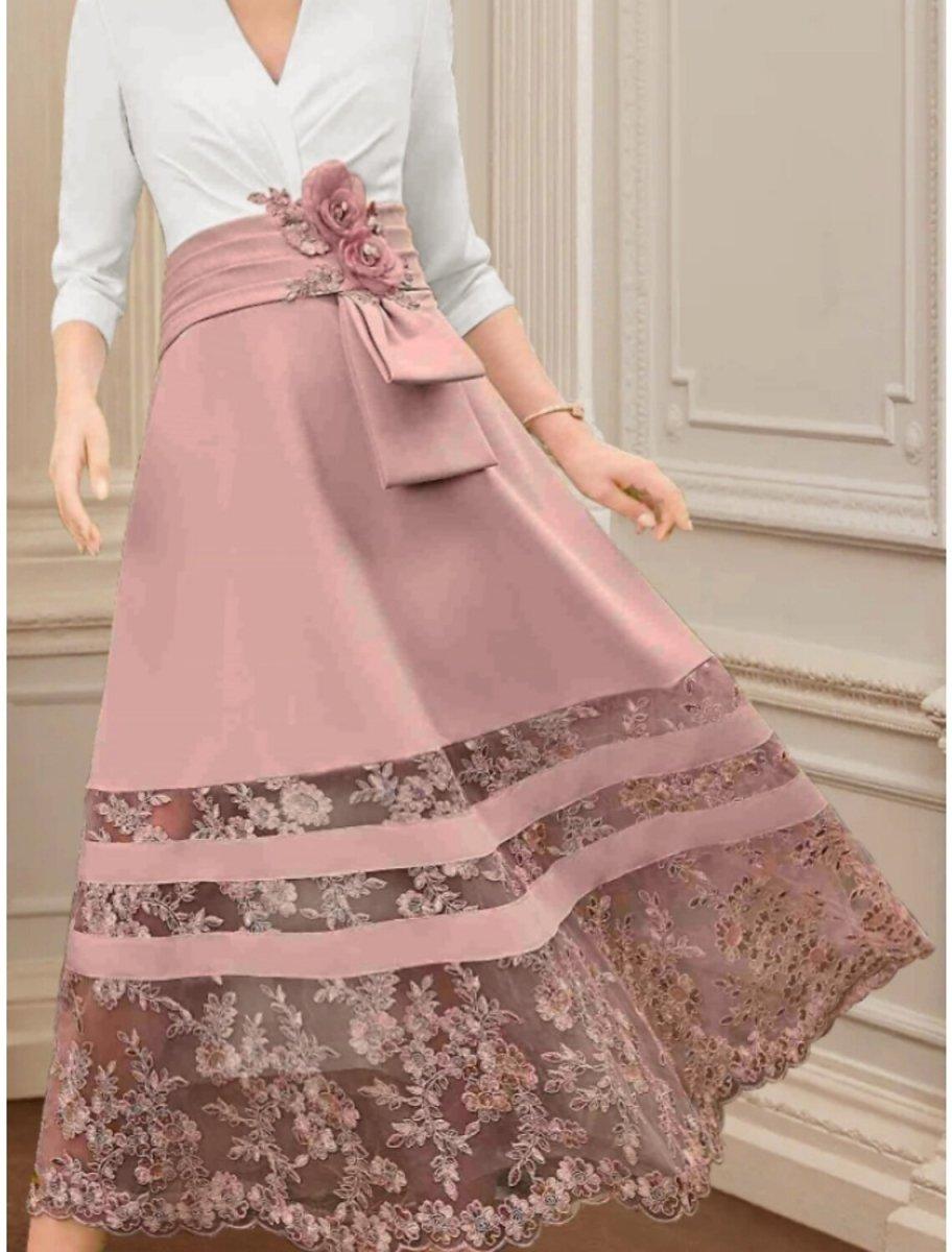 NumberSea - A - Line Mother of the Bride Dress Wedding Guest Elegant V Neck Ankle Length Stretch Chiffon 3/4 Length Sleeve with Lace Ruching Flower