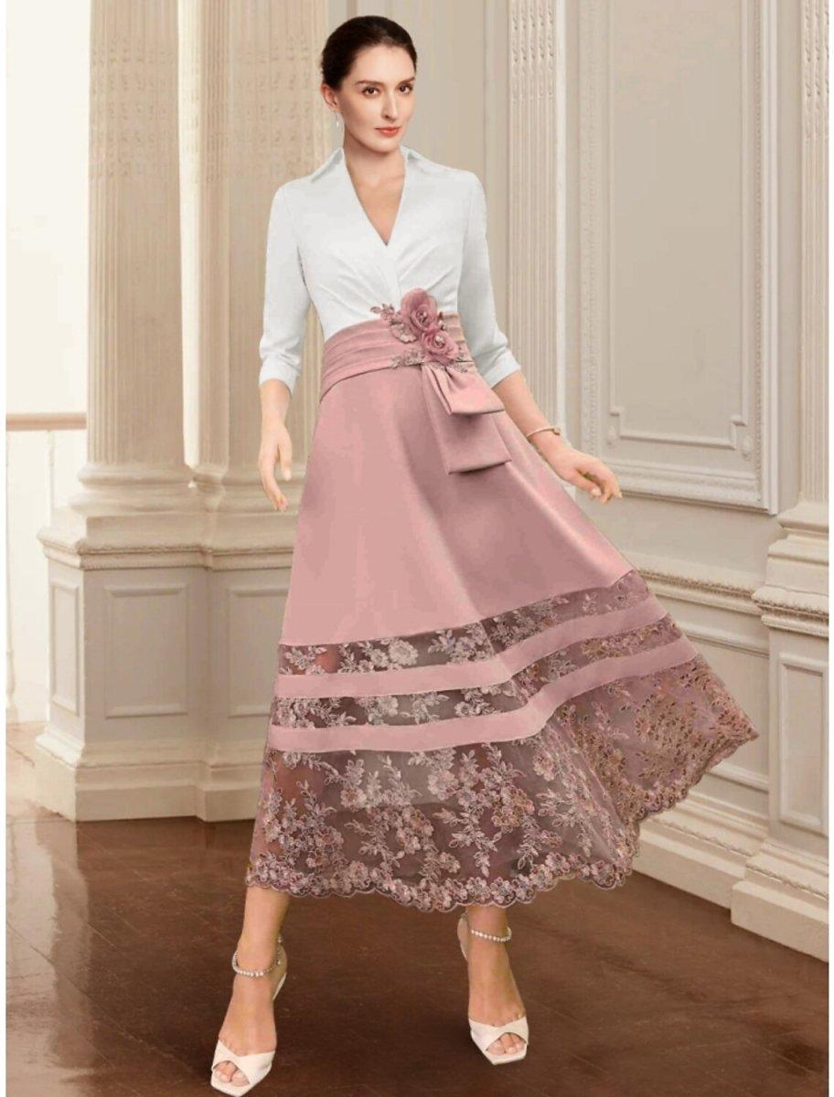 NumberSea - A - Line Mother of the Bride Dress Wedding Guest Elegant V Neck Ankle Length Stretch Chiffon 3/4 Length Sleeve with Lace Ruching Flower