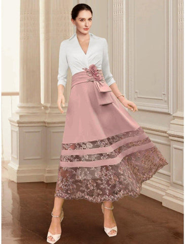 NumberSea - A - Line Mother of the Bride Dress Wedding Guest Elegant V Neck Ankle Length Stretch Chiffon 3/4 Length Sleeve with Lace Ruching Flower