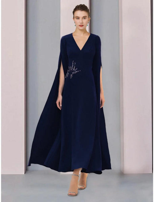 NumberSea - A - Line Mother of the Bride Dress Wedding Guest Elegant V Neck Ankle Length Stretch Chiffon Half Sleeve with Sequin Ruching Solid Color