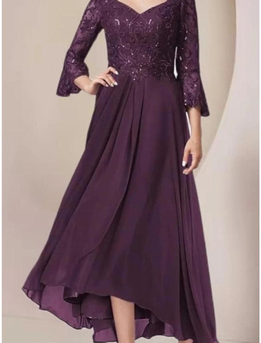 NumberSea - A - Line Mother of the Bride Dress Wedding Guest Elegant V Neck Asymmetrical Ankle Length Chiffon Lace 3/4 Length Sleeve with Pleats Sequin Solid Color