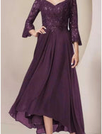 NumberSea - A - Line Mother of the Bride Dress Wedding Guest Elegant V Neck Asymmetrical Ankle Length Chiffon Lace 3/4 Length Sleeve with Pleats Sequin Solid Color